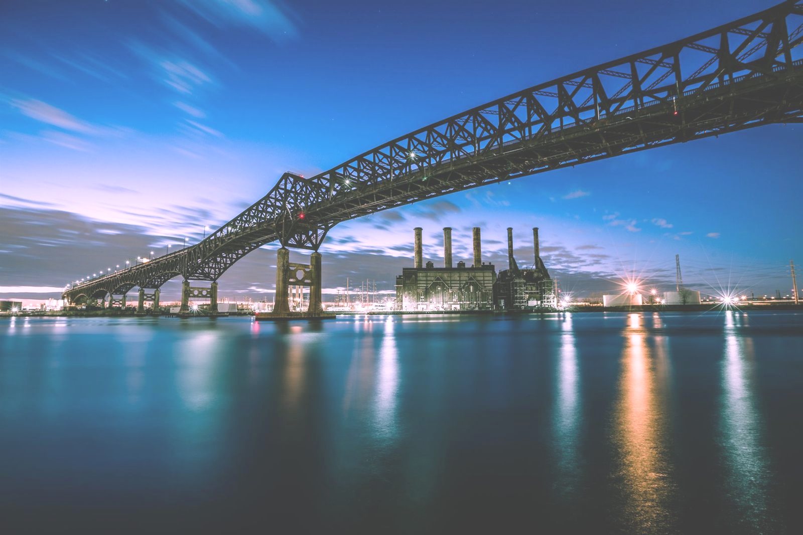 The Pulaski Skyway crossing the Hackensack River at dusk.